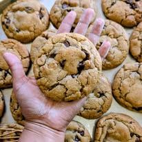 A hand holding a big chocolate chip cookie over a tray of cookies
